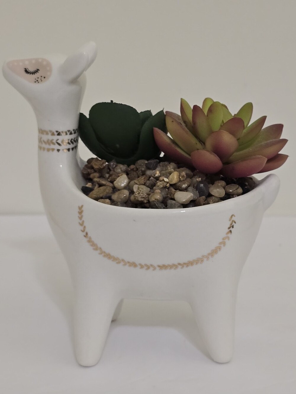 LLAMA Planter Pot with Faux Succulent Plants White Ceramic Metallic Gold Designs